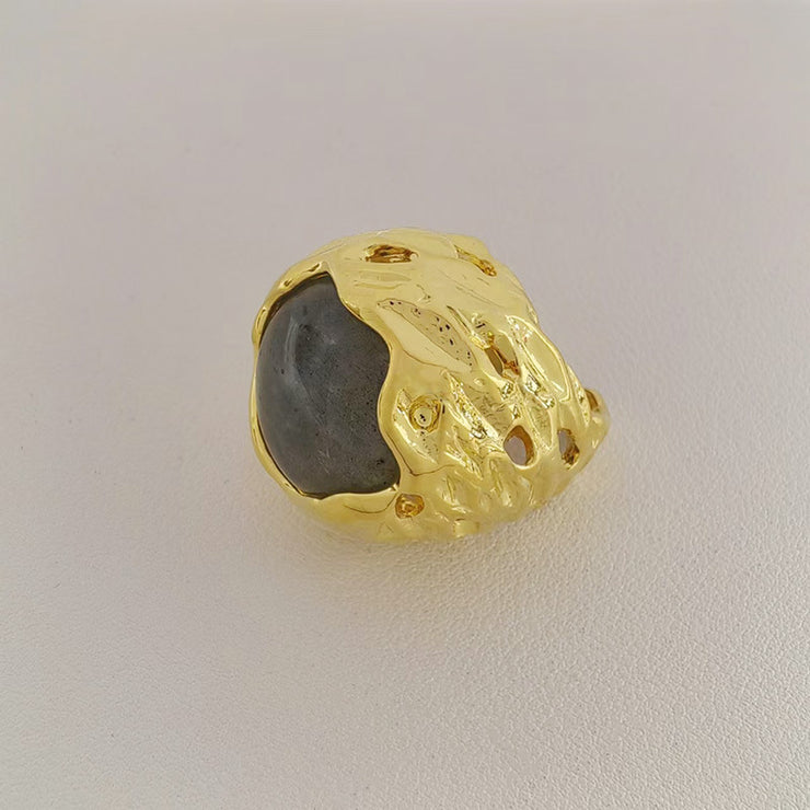 Round texture hollow natural stone ring Barcelona original design fashion retro high-end hand jewelry for women