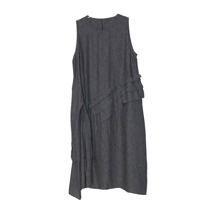 Retro Fashion Tank Top Skirt Round Neck Splicing Ruffle Edge Drawstring Mid Long Versatile Sleeveless Dress