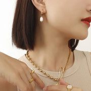 Retro earrings freshwater pearl ring earrings titanium steel 18K plated with real gold jewelry