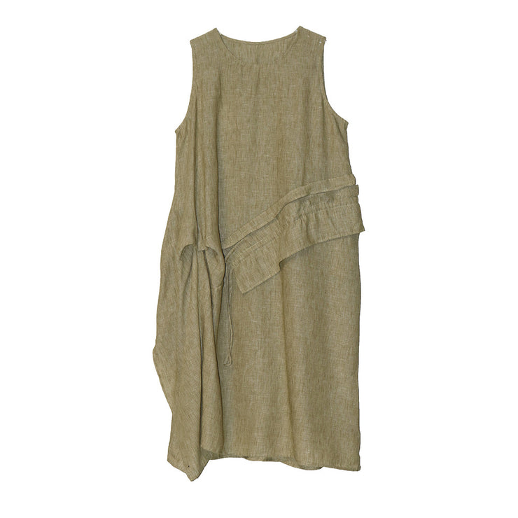 Retro Fashion Tank Top Skirt Round Neck Splicing Ruffle Edge Drawstring Mid Long Versatile Sleeveless Dress