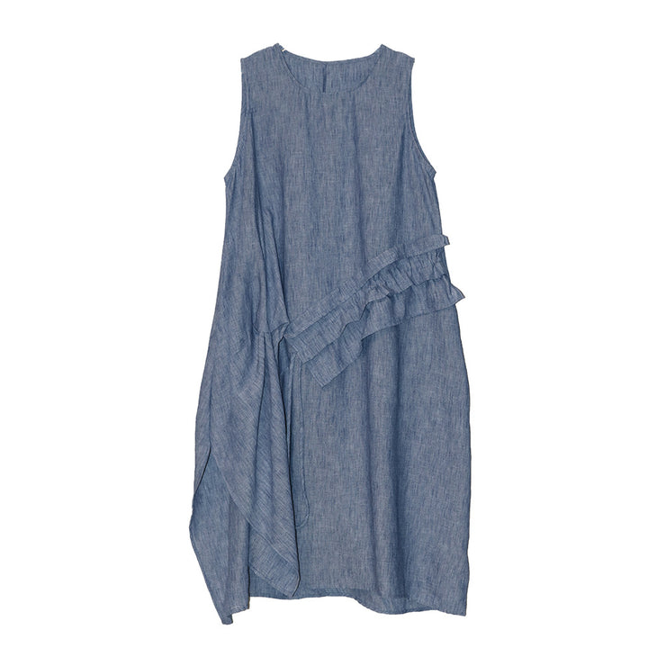 Retro Fashion Tank Top Skirt Round Neck Splicing Ruffle Edge Drawstring Mid Long Versatile Sleeveless Dress