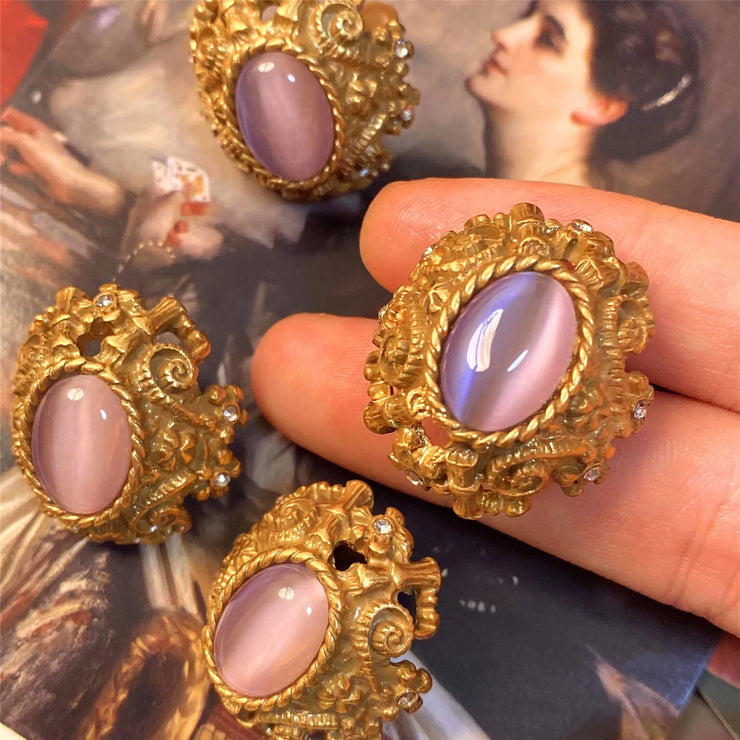 Vintage Metal Stud Earrings Natural Stone Opal Brass for Women Gold Color Jewelry New Elegant Travel Gift