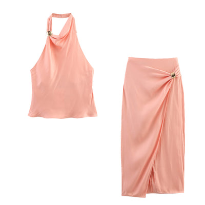 European and American fashion neck hanging sleeveless vest high waist two-piece set