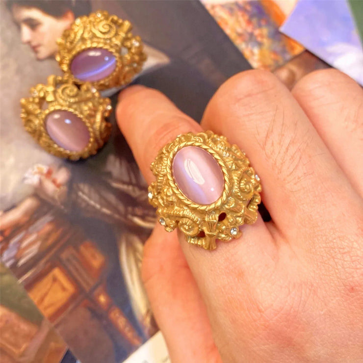 Vintage Metal Stud Earrings Natural Stone Opal Brass for Women Gold Color Jewelry New Elegant Travel Gift