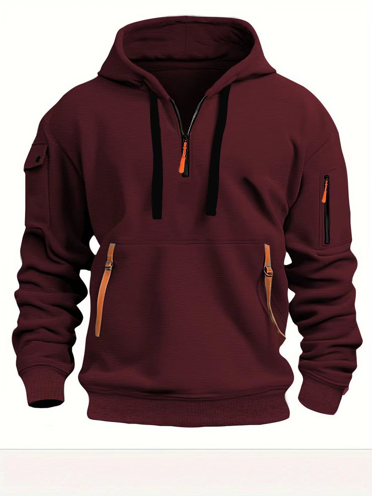 Half zip hoodie hooded sweatshirt with multiple pockets zipper pullover for men's sports and casual sweatshirt for men