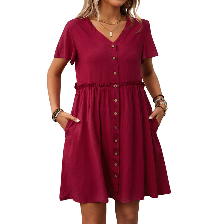 Women's Bohemian vacation V-neck short sleeved ruffled dress for women