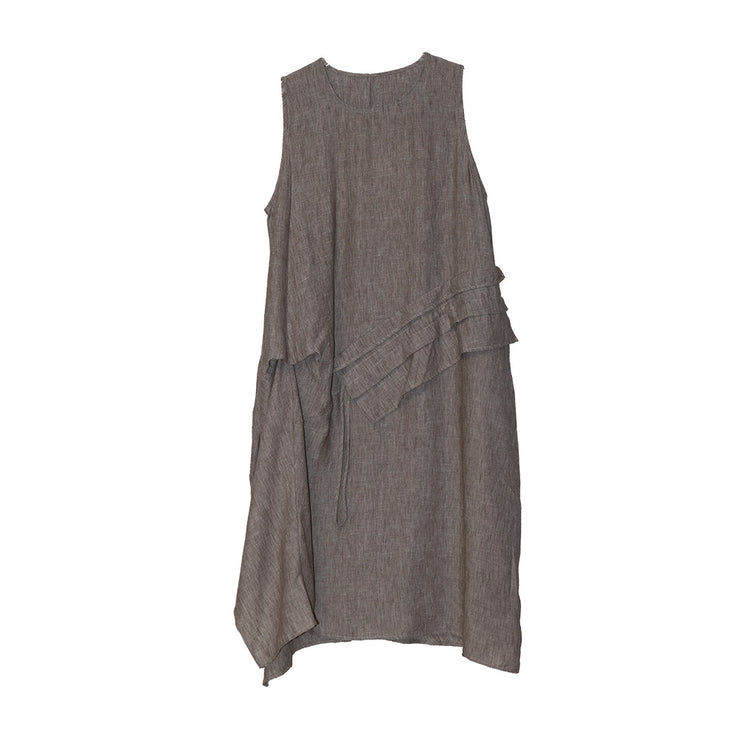 Retro Fashion Tank Top Skirt Round Neck Splicing Ruffle Edge Drawstring Mid Long Versatile Sleeveless Dress