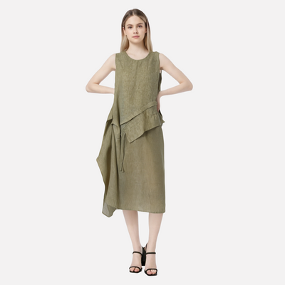 Retro Fashion Tank Top Skirt Round Neck Splicing Ruffle Edge Drawstring Mid Long Versatile Sleeveless Dress